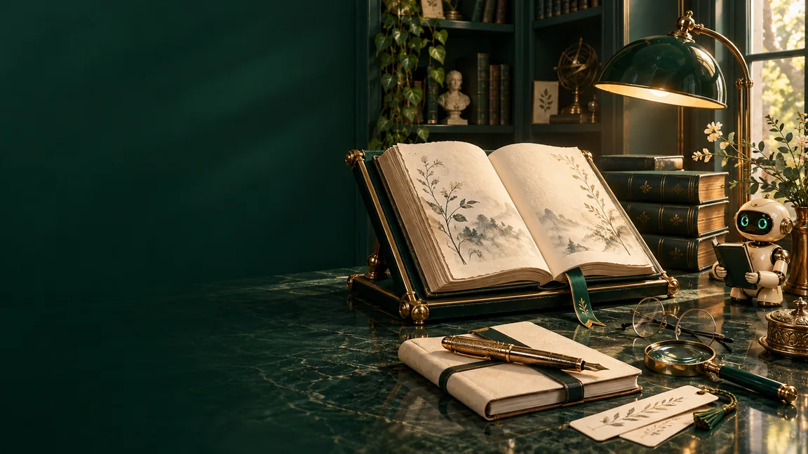 Раскрытая книга на подставке, тома, рукопись, перо и настольная лампа в изумрудно-золотой литературной композиции с маленьким помощником