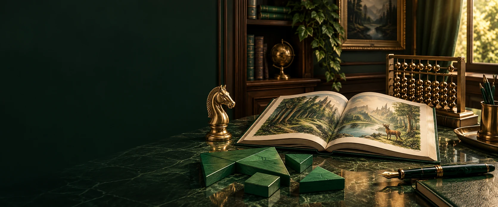 Шахматная фигура, головоломка и книга на столе для занятий