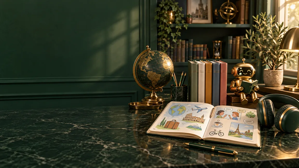 Глобус, языковые тетради, наушники и робот с книгой в изумрудном учебном кабинете