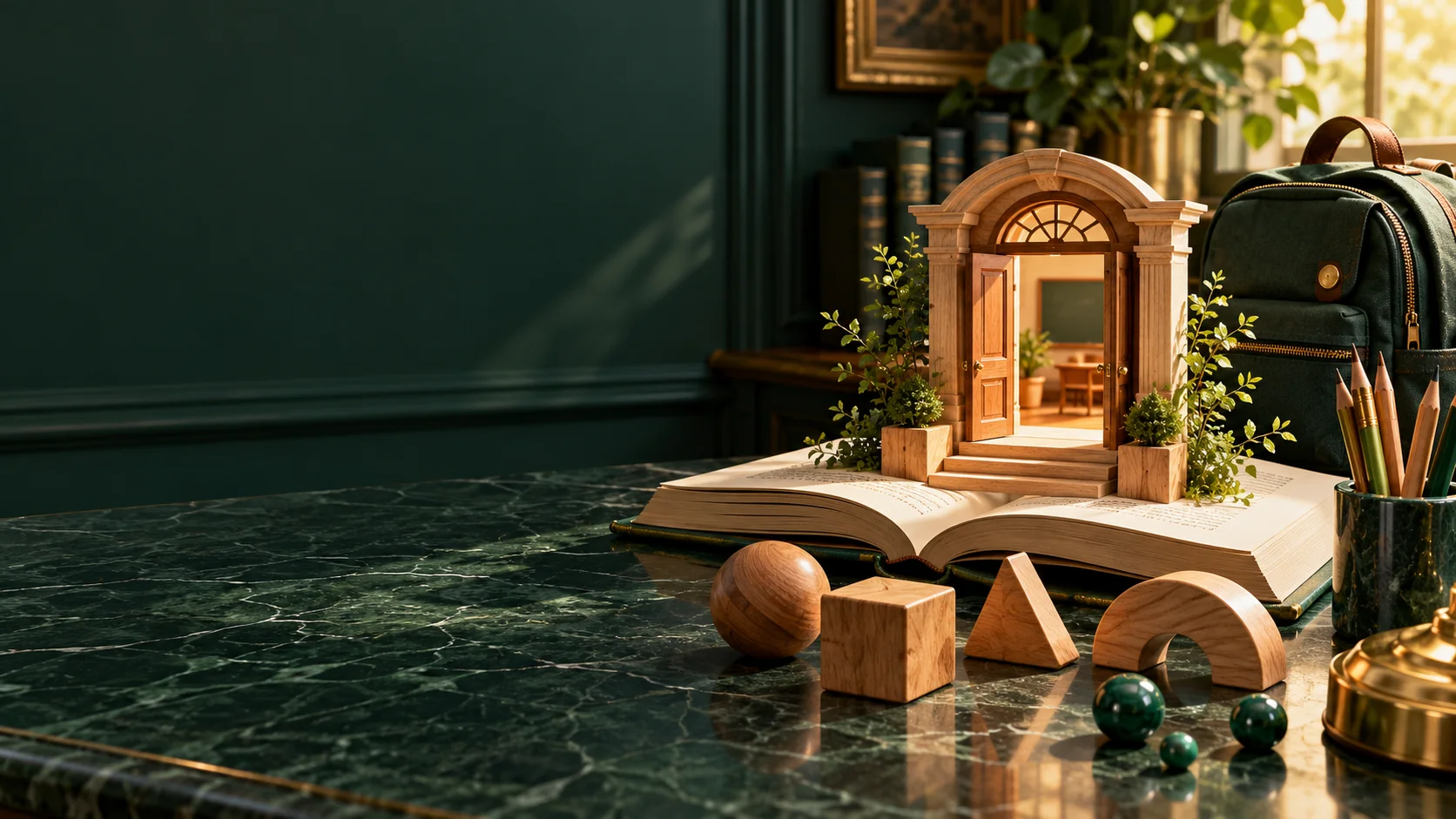 Открытая книга с миниатюрной школьной дверью, деревянные фигуры, карандаши и рюкзак для первых учебных открытий