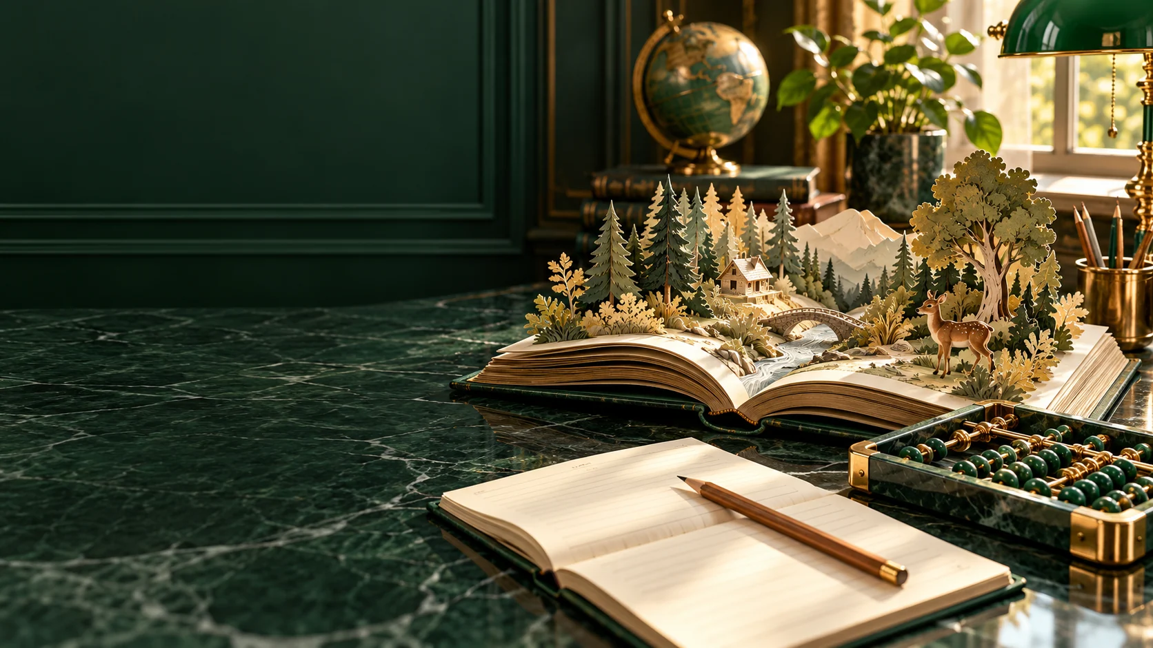 Книга с бумажным лесом, тетрадь и счёты в зелёном кабинете для первых школьных открытий