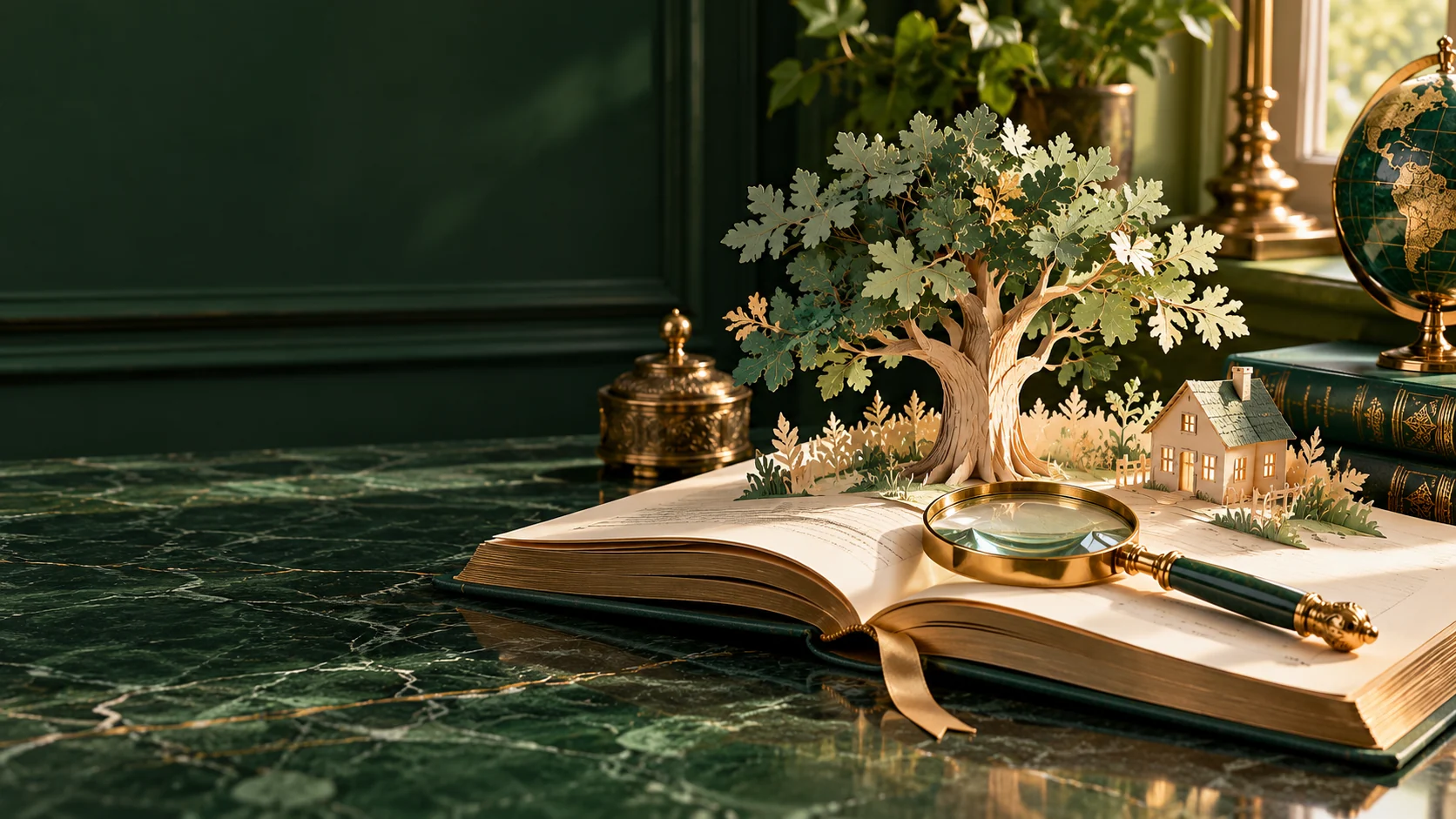 Открытая книга с бумажным деревом и домиком, лупа для внимательного чтения